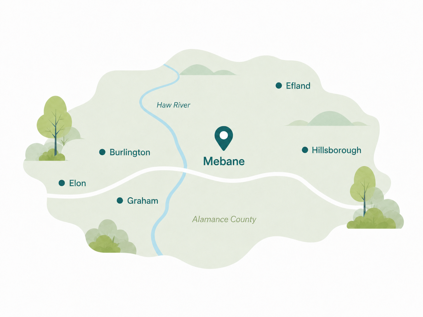 Map of Mebane and nearby Alamance County communities