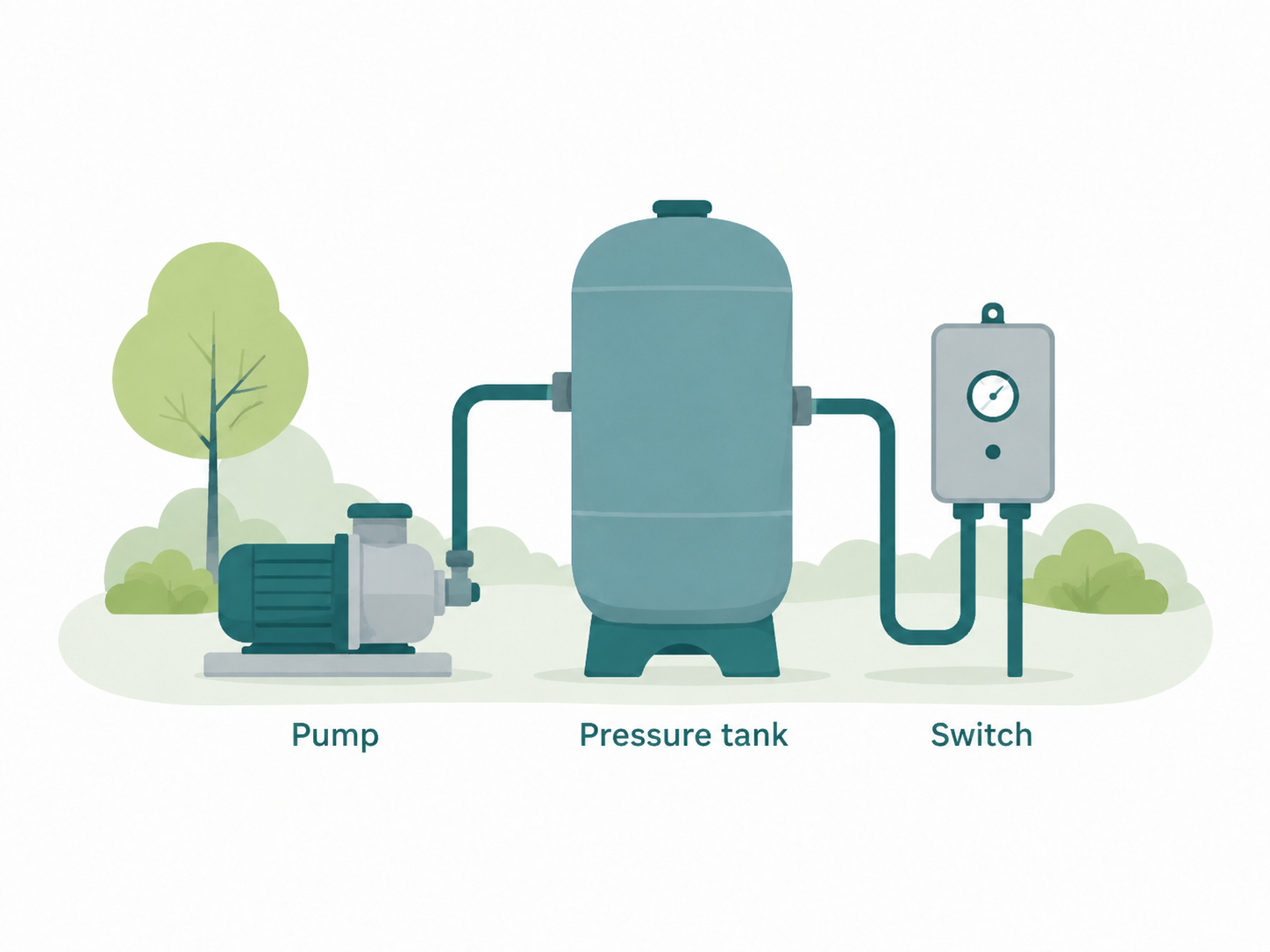 Diagram of a well pump, pressure tank, and pressure switch